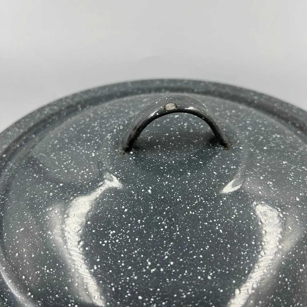 Vintage EnamelWare Black Speckled White Medium Stock Soup Pot‎ W Lid